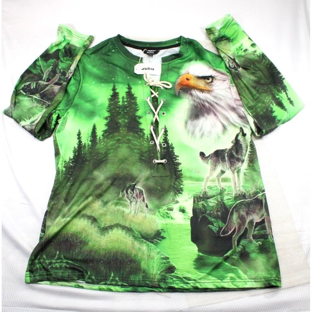 Ouku Mens All Over Wildlife Print Long Sleeve Shirt With Lace-Up Neck XL